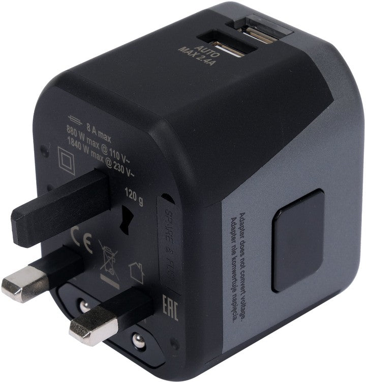 Kelionininis adapteris | universalus | daugiau nei 150 šalių | su 2 X USB 5V / 2.4A Įkrovikliu (YT-81301)