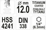 METAL DRILL WITH HEX SHANK 12,0MM TITAN (YT-44774)