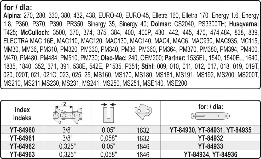 Grandinė pjūklui 3/8" 0,05" 1632 dantys (YT-84960)