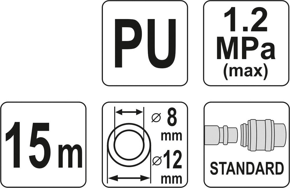 Pneumatinė žarna su antgaliais | 8 x 12 mm | 15 m | PU (YT-24209)