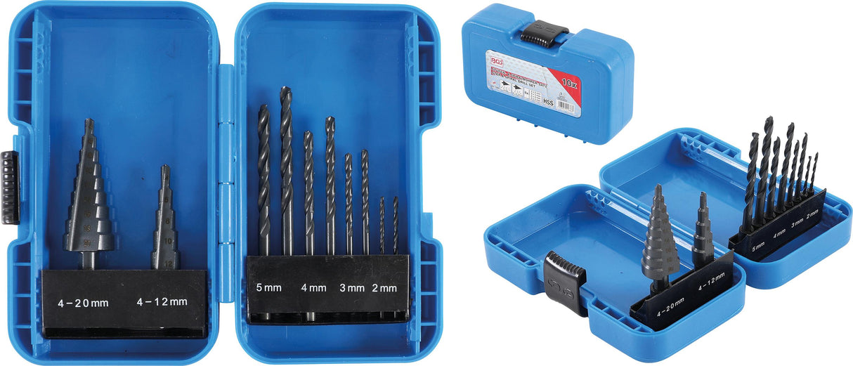 Pakopinių grąžtų  ir grąžtų metalui komplektas | Ø 4 - 12/4 - 20 mm | 2 - 5 mm | 10 vnt. (1686)