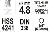 Сверло по металлу с хвостовиком Hex 6.3 mm (1/4") HSS-TiN | 4.8 mm