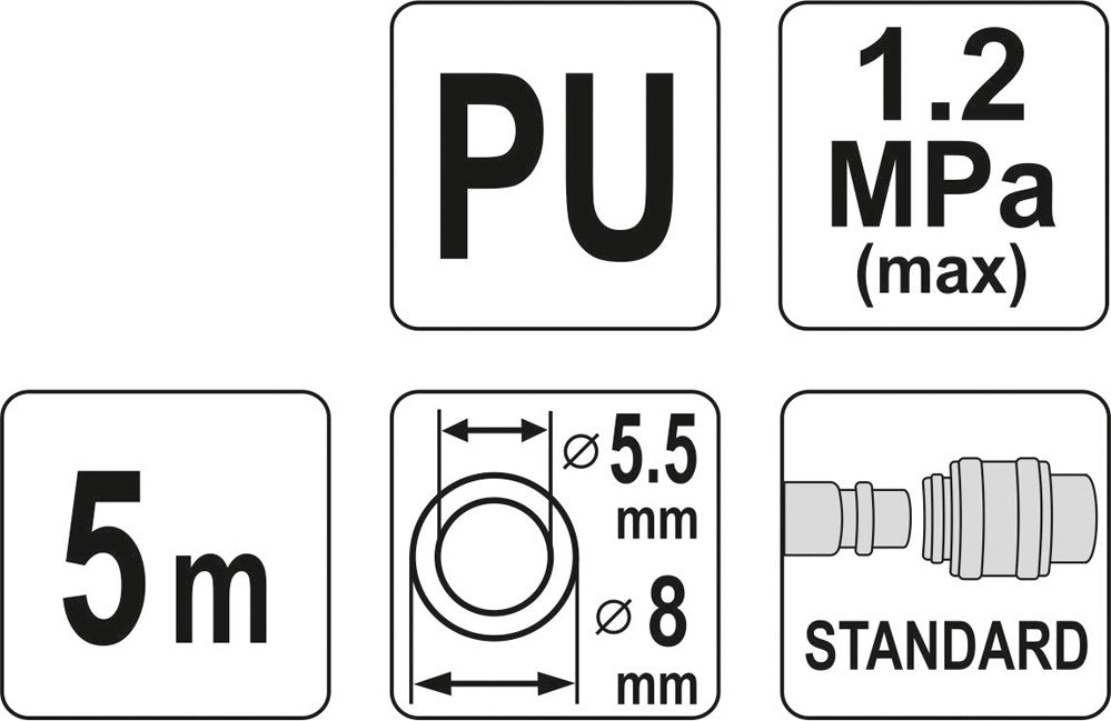 Pneumatinė žarna su antgaliais | 5.5 x 8 mm | 5 m | PU (YT-24201)