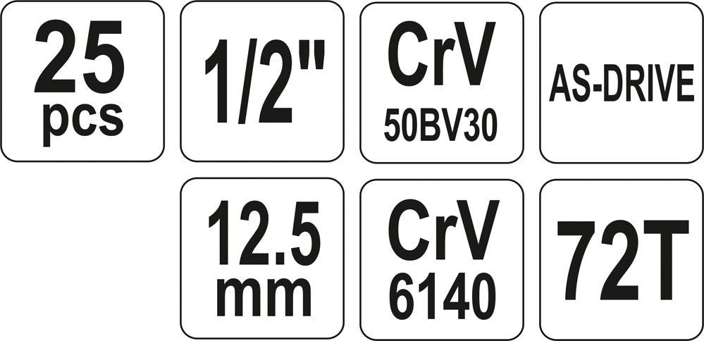Įrankių rinkinys | 12,5 mm (1/2") | 10-32 mm | 25 vnt. (YT-12671)