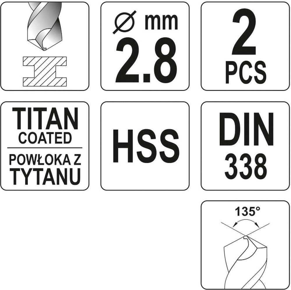 Сверло по металлу HSS-TIN 2.8 mm, 2 шт.