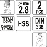 Сверло по металлу HSS-TIN 2.8 mm, 2 шт.
