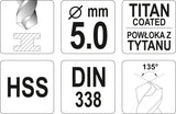 Grąžtas metalui HSS-TIN 5.0 mm (YT-44650)