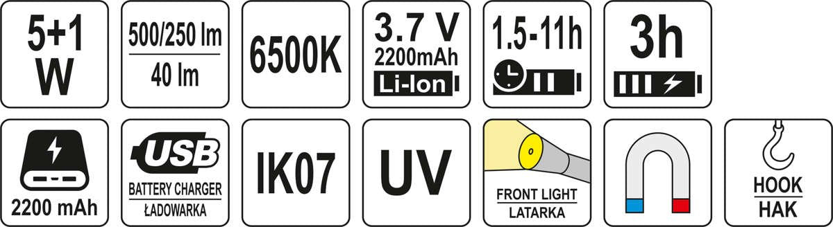 Darbo lempa akumuliatorinė | 5W COB, 500LM + 40LM, UV (YT-08517)