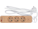 Maitinimo laidas/ilgintuvas su įžeminimu (medžio imitacija) | 3 lizdai + USB | 1,0 mm2 | 1.4 m (72343)