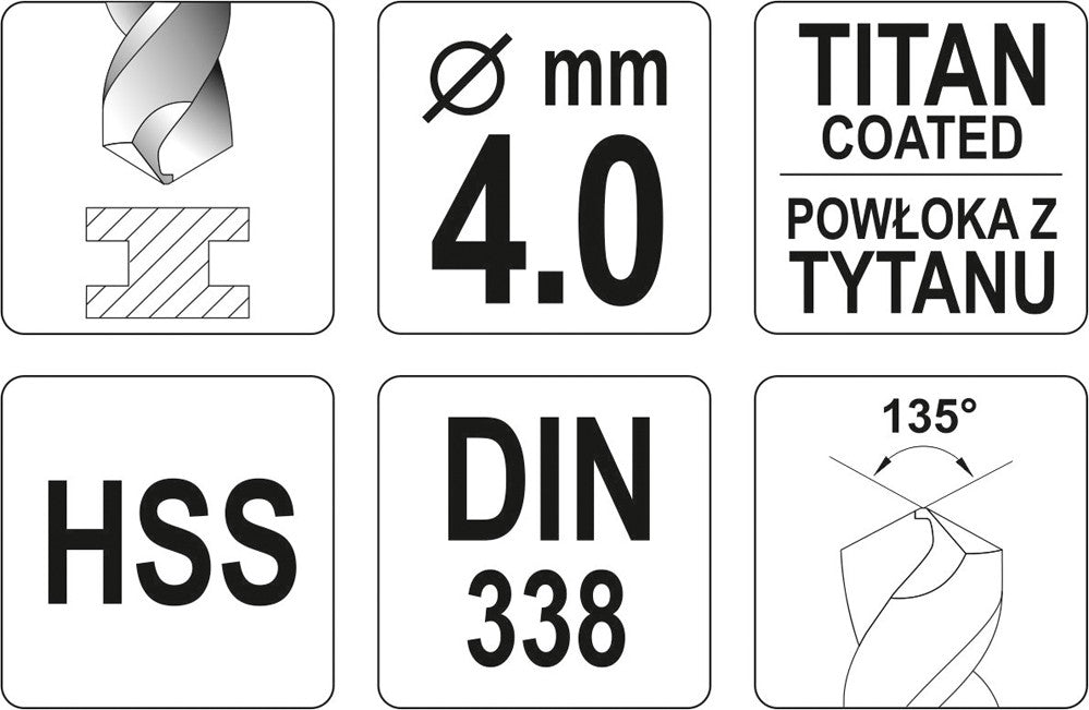 Grąžtas metalui HSS-TIN 4.0 mm (YT-44640)