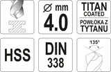 Grąžtas metalui HSS-TIN 4.0 mm (YT-44640)