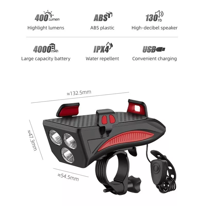 BICYCLE LIGHT WITH PHONE HOLDER | SIGNAL | MULTIFUNCTION / POWERBANK | USB | 3 LED (RBL3)