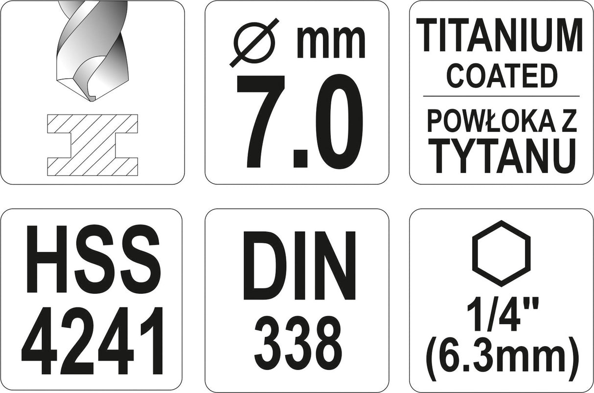Grąžtas metalui su Hex 6.3 mm (1/4") galu HSS-TiN | 7.0 mm (YT-44766)