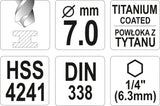Grąžtas metalui su Hex 6.3 mm (1/4") galu HSS-TiN | 7.0 mm (YT-44766)