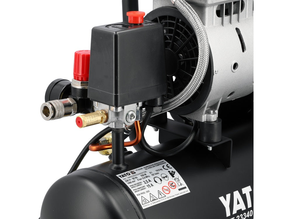 Oro kompresorius tylus | betepalinis | 6L/0.8MPA/8BAR/116PSI/ 107l/min | 550 W (YT-23340)