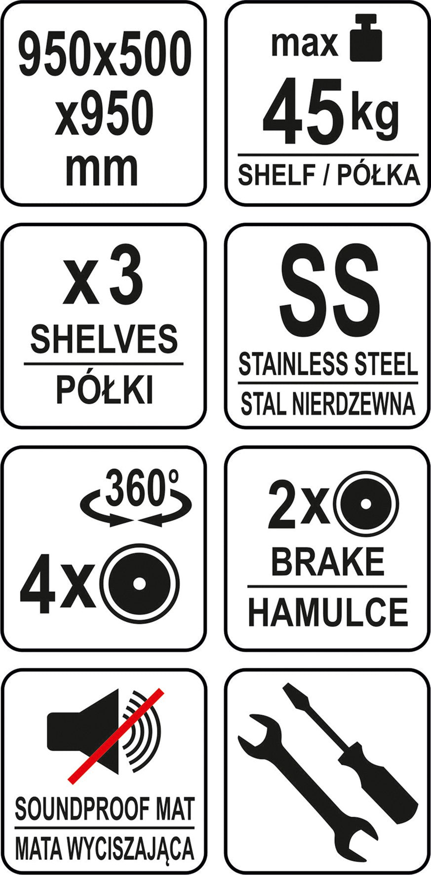 Nerūdijančio plieno serviravimo vežimėlis su 3 lentynom 950x500x950 (YG-09096)