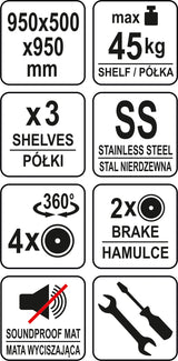 Nerūdijančio plieno serviravimo vežimėlis su 3 lentynom 950x500x950 (YG-09096)