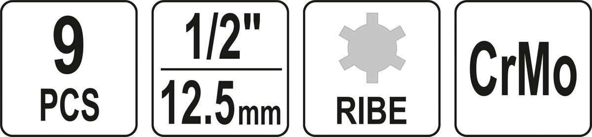 Набор ударных бит | 12,5 mm (1/2") | Spline (Ribe) M5 - M14 | 9 шт.