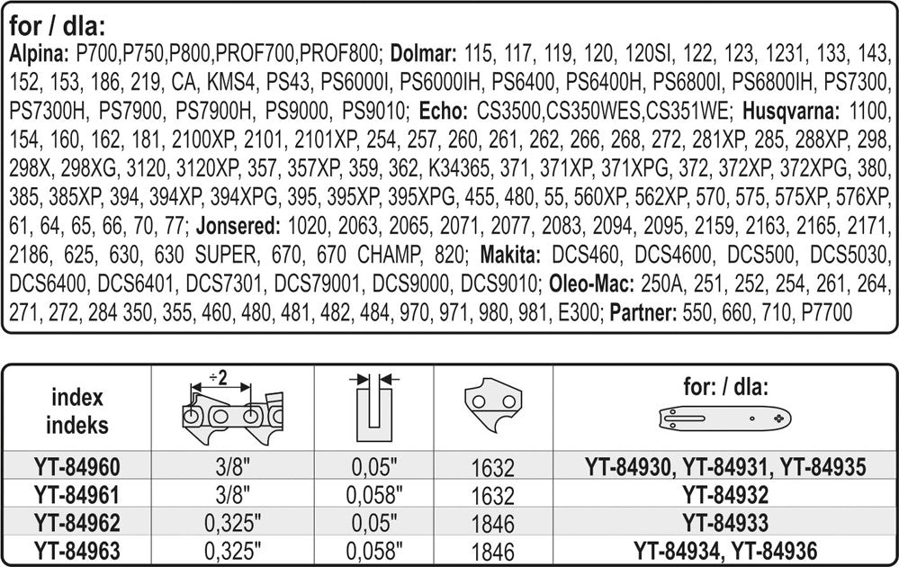 Grandinė pjūklui 3/8" 0,058" 1632 dantys (YT-84961)