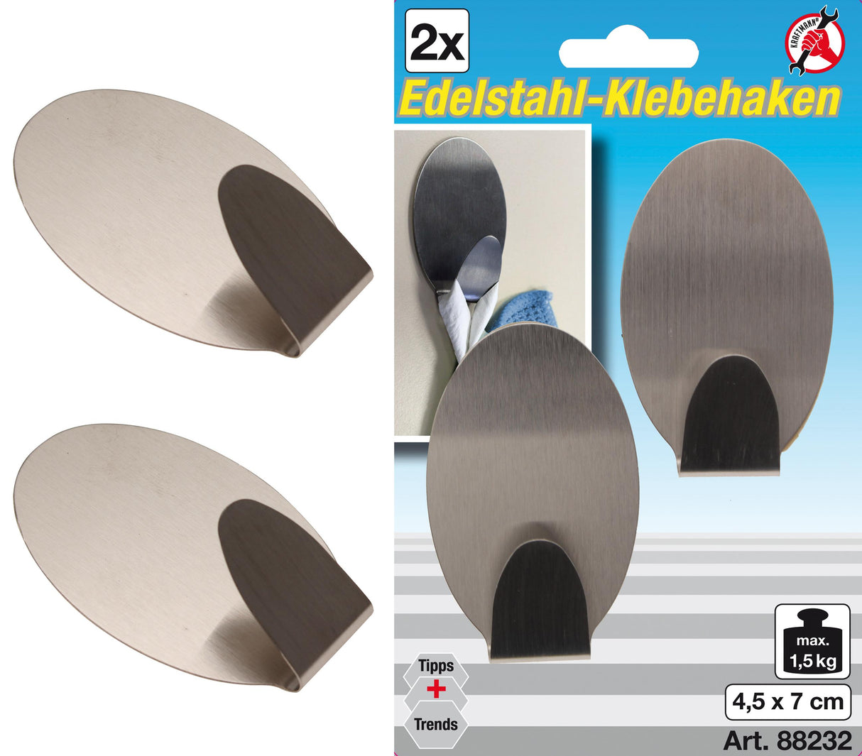 Nerūdijančio plieno klijuojami kabliukai | 45 x 70 mm | 1.5 kg | 2  vnt. (88232)