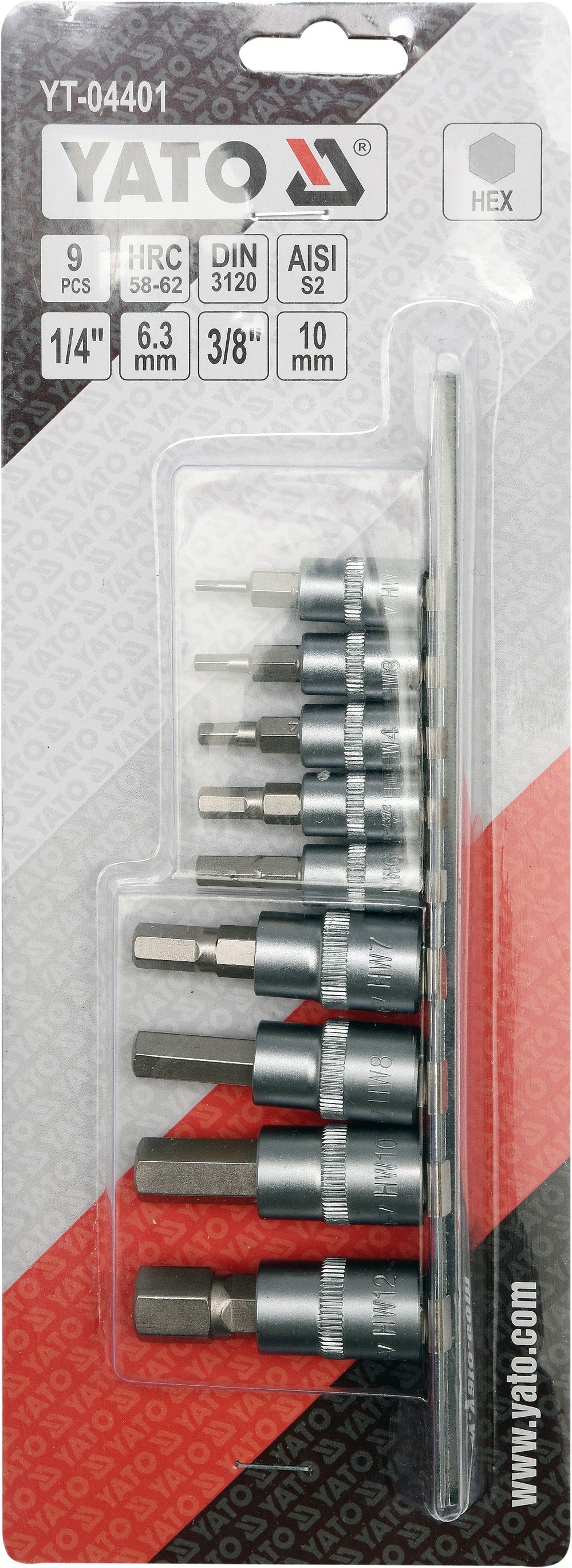 Įpresuotų antgalių rinkinys 1/4"+3/8", 9 vnt Hex H2-H12 (YT-04401)