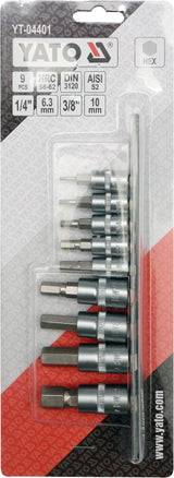Įpresuotų antgalių rinkinys 1/4"+3/8", 9 vnt Hex H2-H12 (YT-04401)