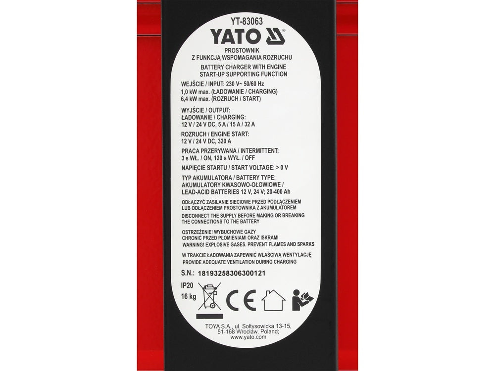 BATTERY CHARGER & JUMP STARTER 12/24V 20-400A (YT-83063)