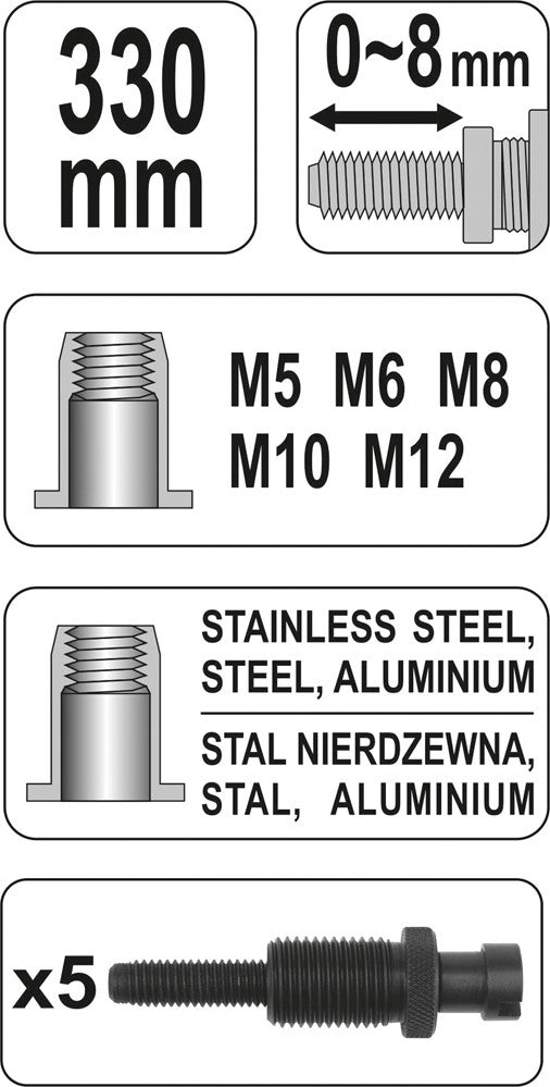 Kniediklis srieginėms kniedėms | M5, M6, M8, M10, M12, | 330 mm (YT-3612)