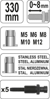 Kniediklis srieginėms kniedėms | M5, M6, M8, M10, M12, | 330 mm (YT-3612)