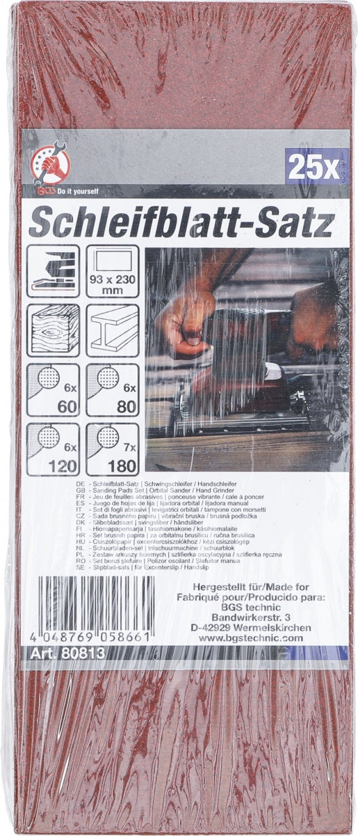 Šlifavimo padų rinkinys | Orbitinis šlifuoklis / rankinis šlifuoklis | 93 x 230 mm | K 60 - 120 | 25 vnt. (80813)
