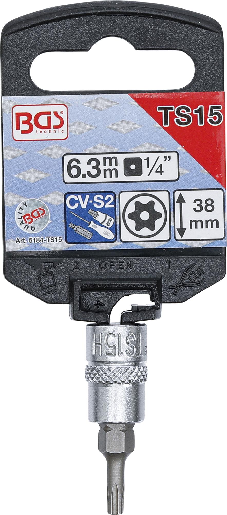 Antgalis 1/4" įpresuotas į galvutę su skyle, penkiakampis TS15x38mm (5184-TS15)