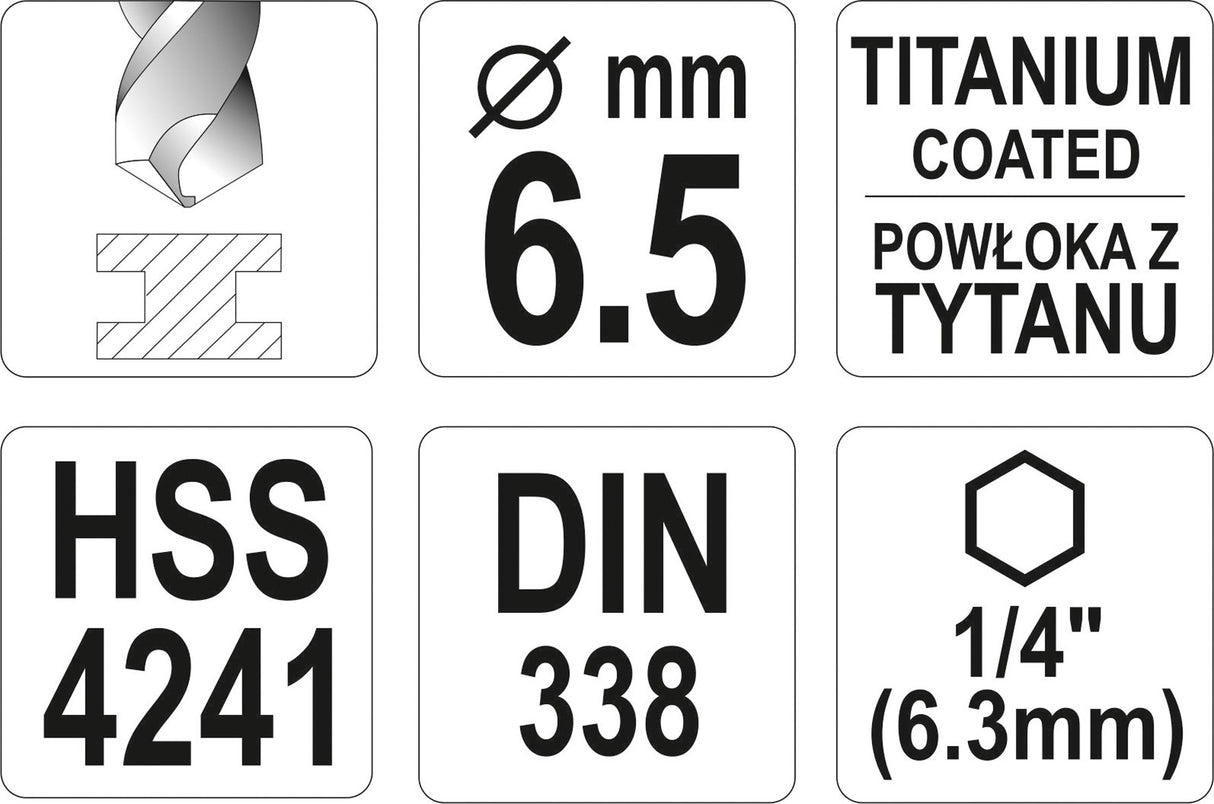 Сверло по металлу с хвостовиком Hex 6.3 mm (1/4") HSS-TiN | 6.5 mm