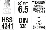Сверло по металлу с хвостовиком Hex 6.3 mm (1/4") HSS-TiN | 6.5 mm