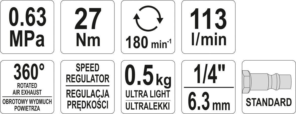 Pneumatinė rankena galvutėms | 6.3 mm (1/4") | 27 Nm (YT-09795)
