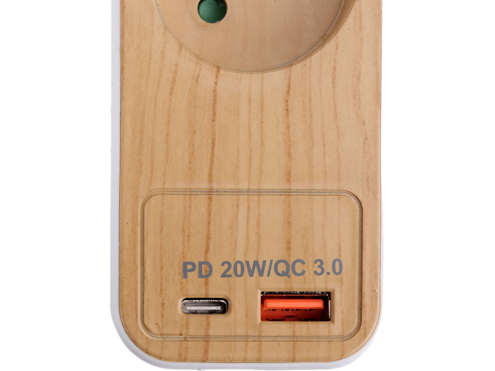 Maitinimo laidas/ilgintuvas su įžeminimu (medžio imitacija) | 3 lizdai + USB | 1,0 mm2 | 1.4 m (72343)