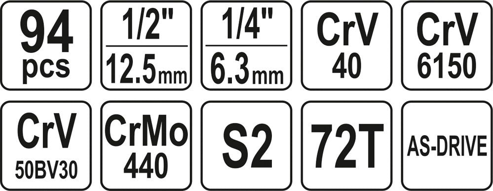 Набор инструментов | 6.3 mm (1/4") + 12.5 mm (1/2") | 94 шт.