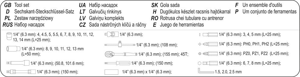 Galvučių su terkšle rinkinys | 6.3 mm (1/4") | 42 vnt. (58641)