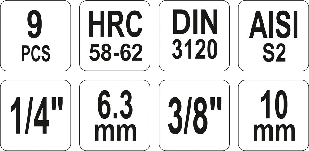 Įpresuotų antgalių rinkinys 1/4"+3/8", 9 vnt Hex H2-H12 (YT-04401)