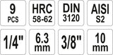 Įpresuotų antgalių rinkinys 1/4"+3/8", 9 vnt Hex H2-H12 (YT-04401)
