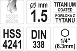 METAL DRILL WITH HEX SHANK 1,5MM TITAN (YT-44750)