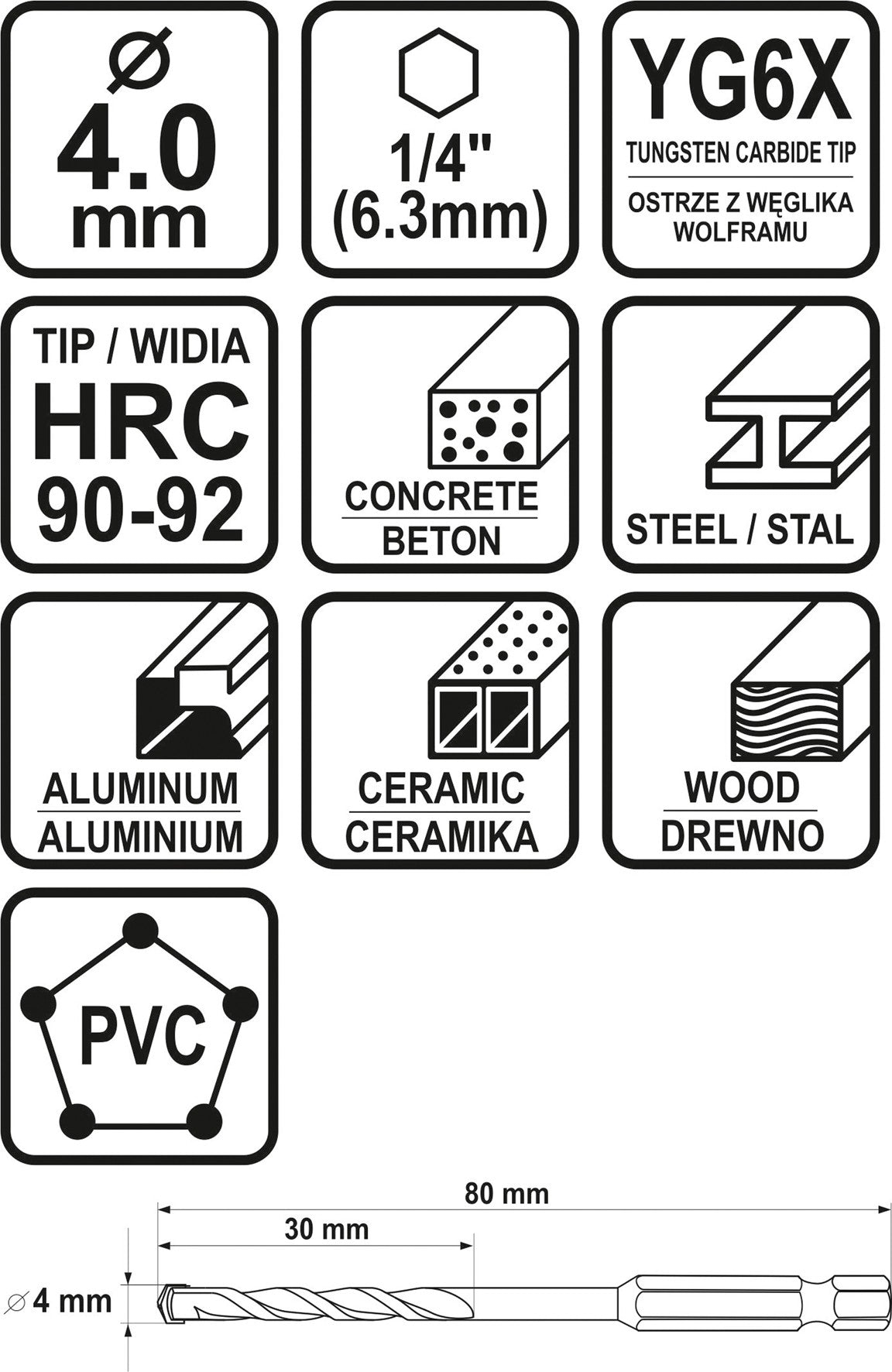 Grąžtas universalus su Hex 6.3 mm (1/4") galu | 4.0 mm (21682)