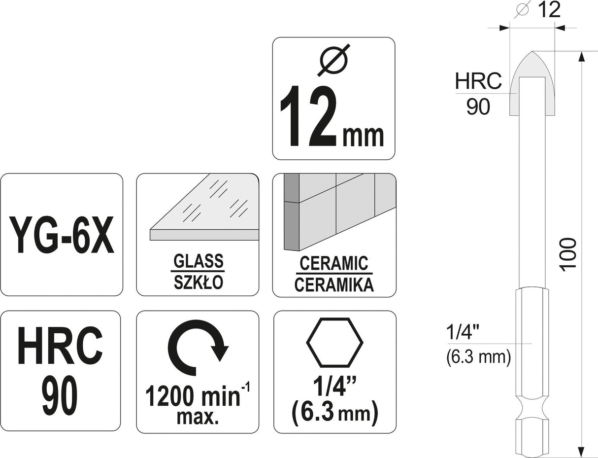GLASS AND TILE DRILL WITH HEX SHANK 12MM (21706)