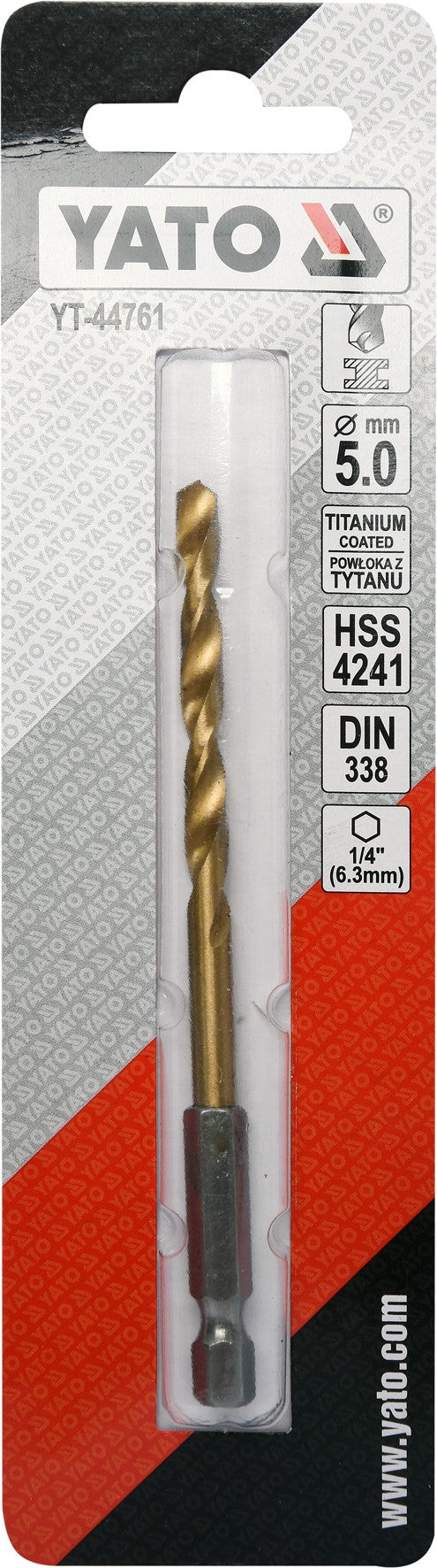 Grąžtas metalui su Hex 6.3 mm (1/4") galu HSS-TiN | 5.0 mm (YT-44761)