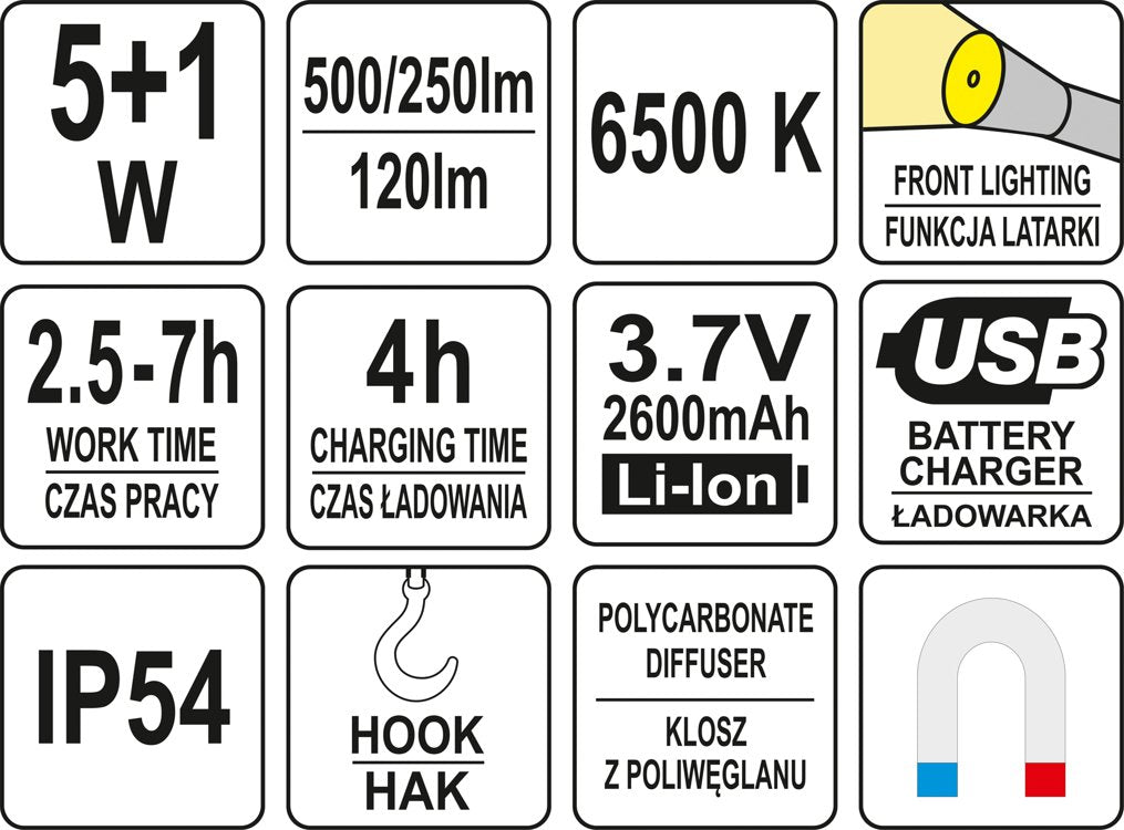 Darbo lempa akumuliatorinė lanksti | 5W COB, 500LM + 120LM (YT-08562)