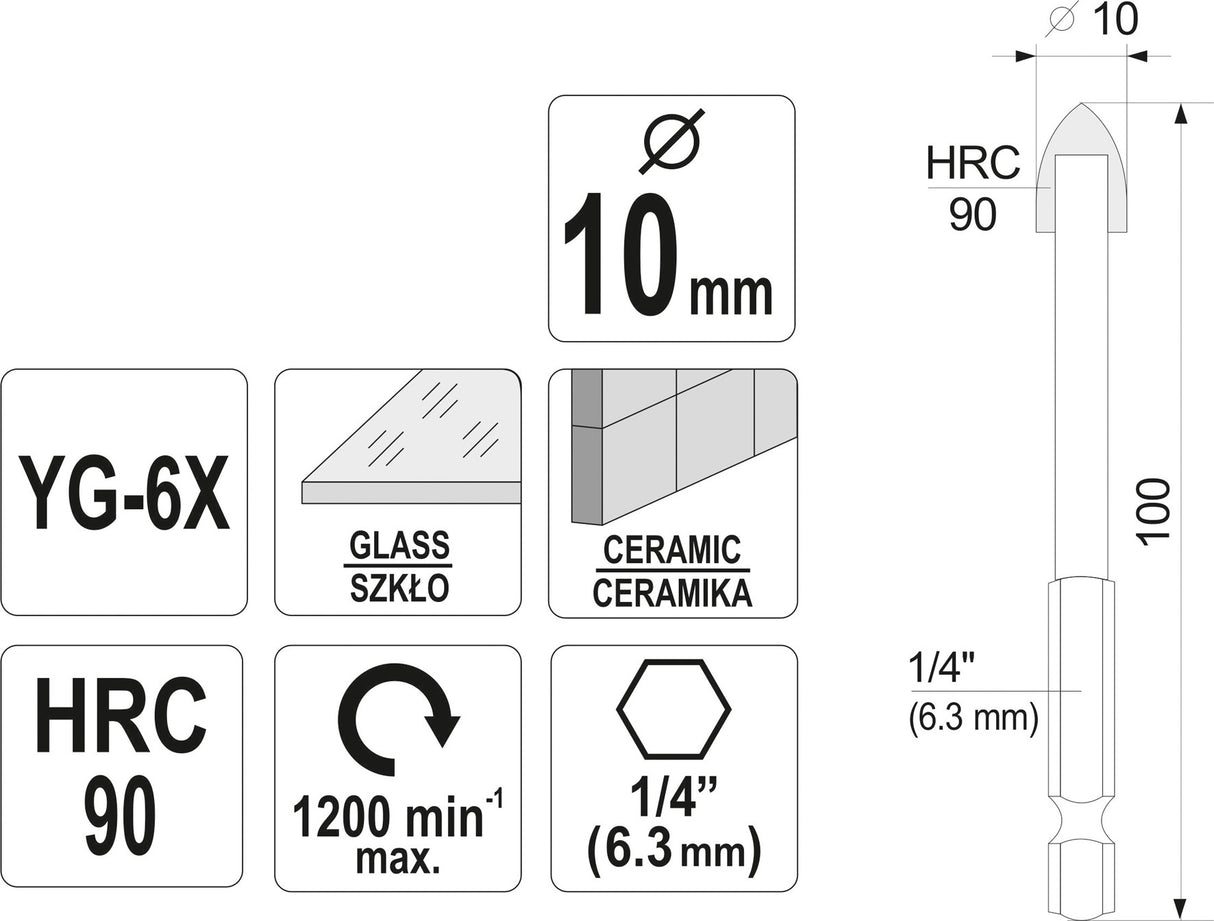 Grąžtas stiklui ir keramikai | 6.3 mm (1/4") galu | 10 mm (21705)