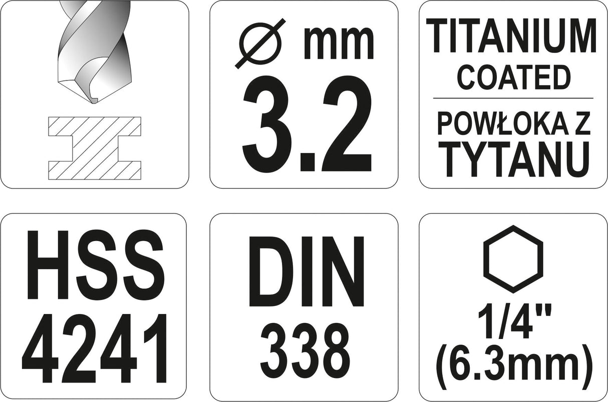 Grąžtas metalui su Hex 6.3 mm (1/4") galu HSS-TiN | 3.2 mm (YT-44755)