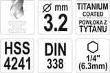 Grąžtas metalui su Hex 6.3 mm (1/4") galu HSS-TiN | 3.2 mm (YT-44755)