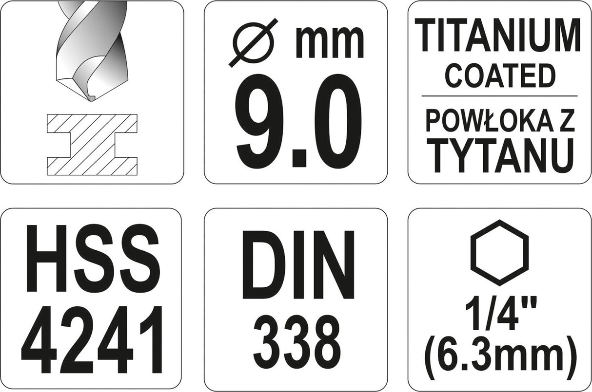 Grąžtas metalui su Hex 6.3 mm (1/4") galu HSS-TiN | 9.0 mm (YT-44770)