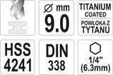 Grąžtas metalui su Hex 6.3 mm (1/4") galu HSS-TiN | 9.0 mm (YT-44770)