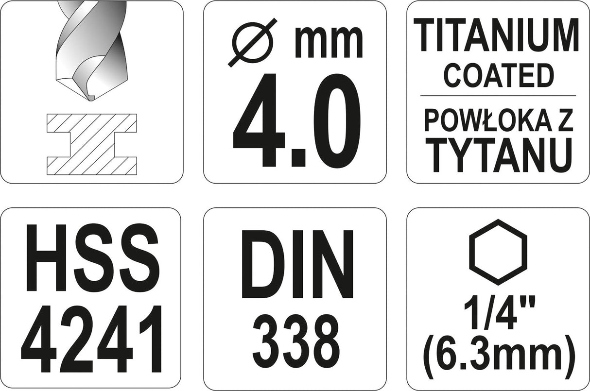 Grąžtas metalui su Hex 6.3 mm (1/4") galu HSS-TiN | 4.0 mm (YT-44757)